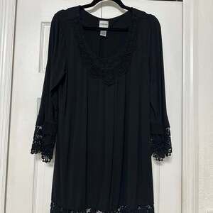 Chico's Black 3/4 Bell Sleeve Crochet Lace Trim Tunic Dress